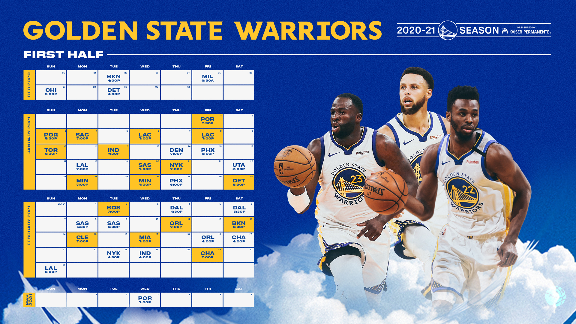 NBA: Golden State Warriors 2020-21 season first-half schedule