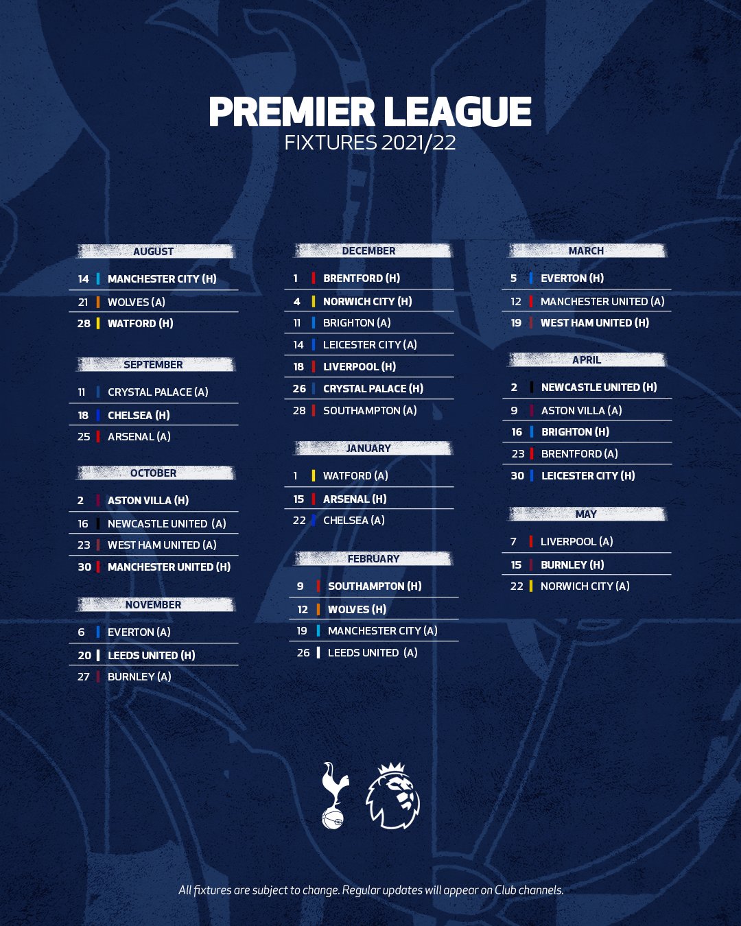 Tottenham Hotspur 2021 22 Premier League Season Complete Fixtures